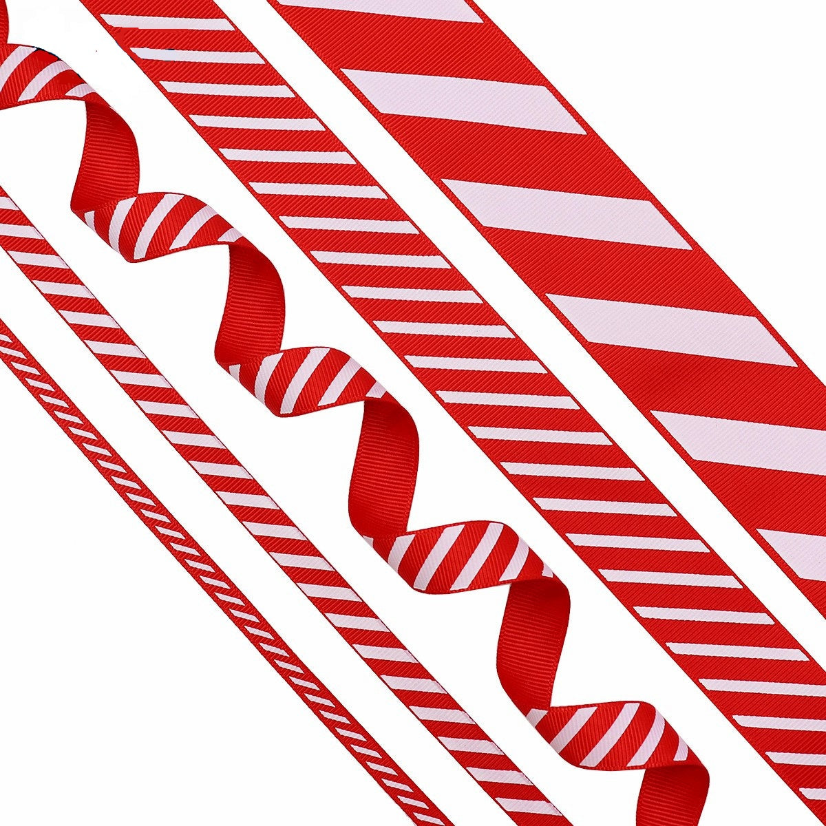 Close-up of red ribbed ribbon with white diagonal stripes and printed pattern