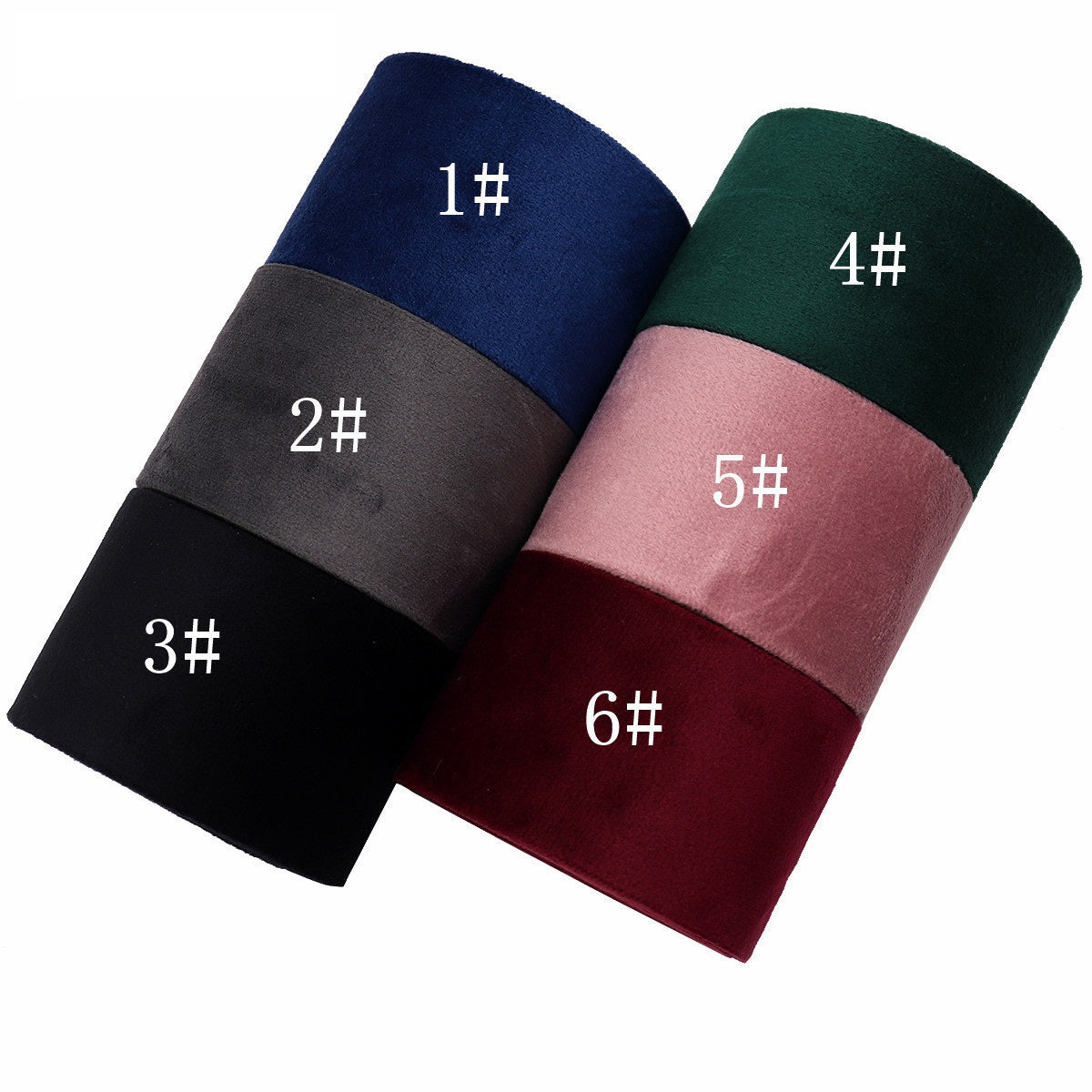 Velvet bias tape ribbon with 6 color rolls (1#–6#): dark blue, green, blush pink, wine, grey, black