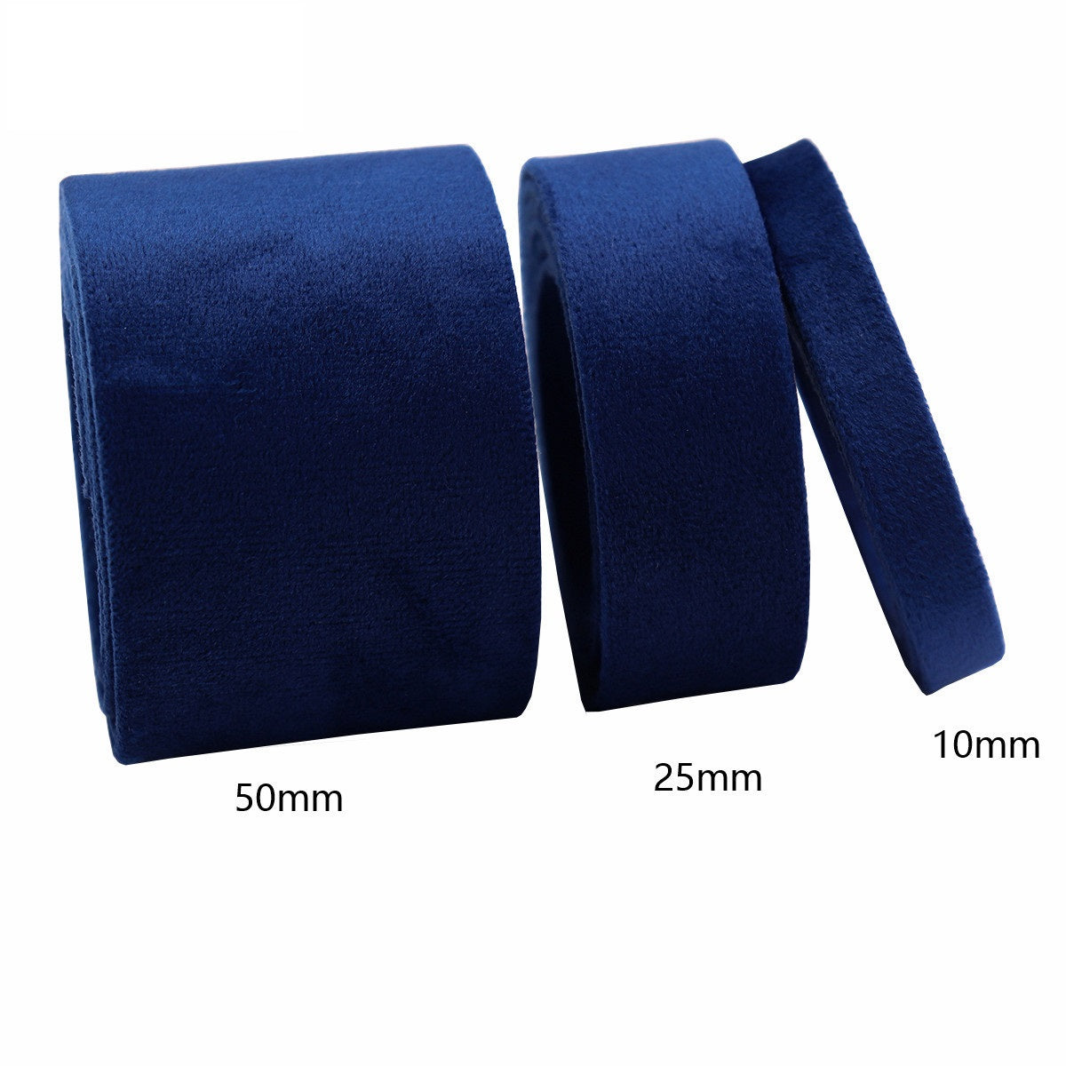 Dark blue velvet bias tape ribbon, widths 50mm, 25mm, and 10mm strip