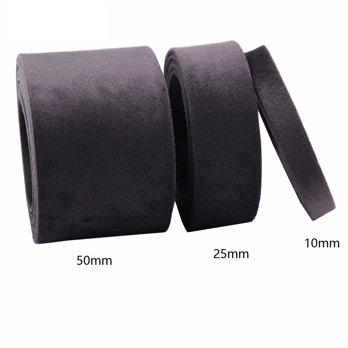 Dark grey velvet bias tape ribbon, widths 50mm, 25mm, and 10mm strip