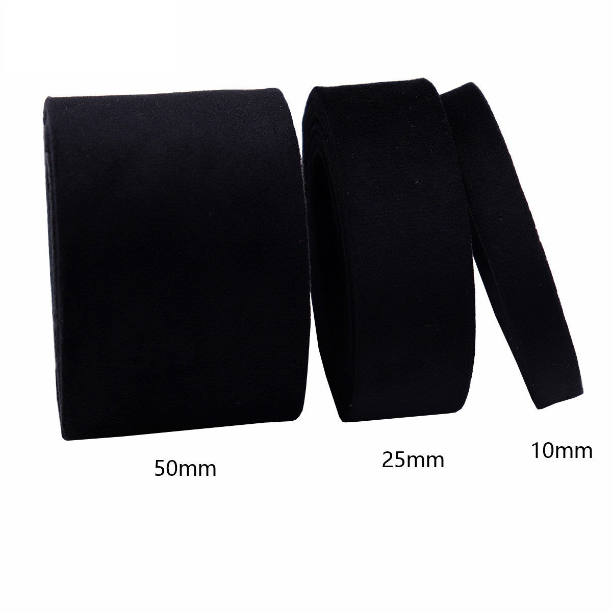 Black velvet bias tape ribbon, widths 50mm, 25mm, and 10mm strip