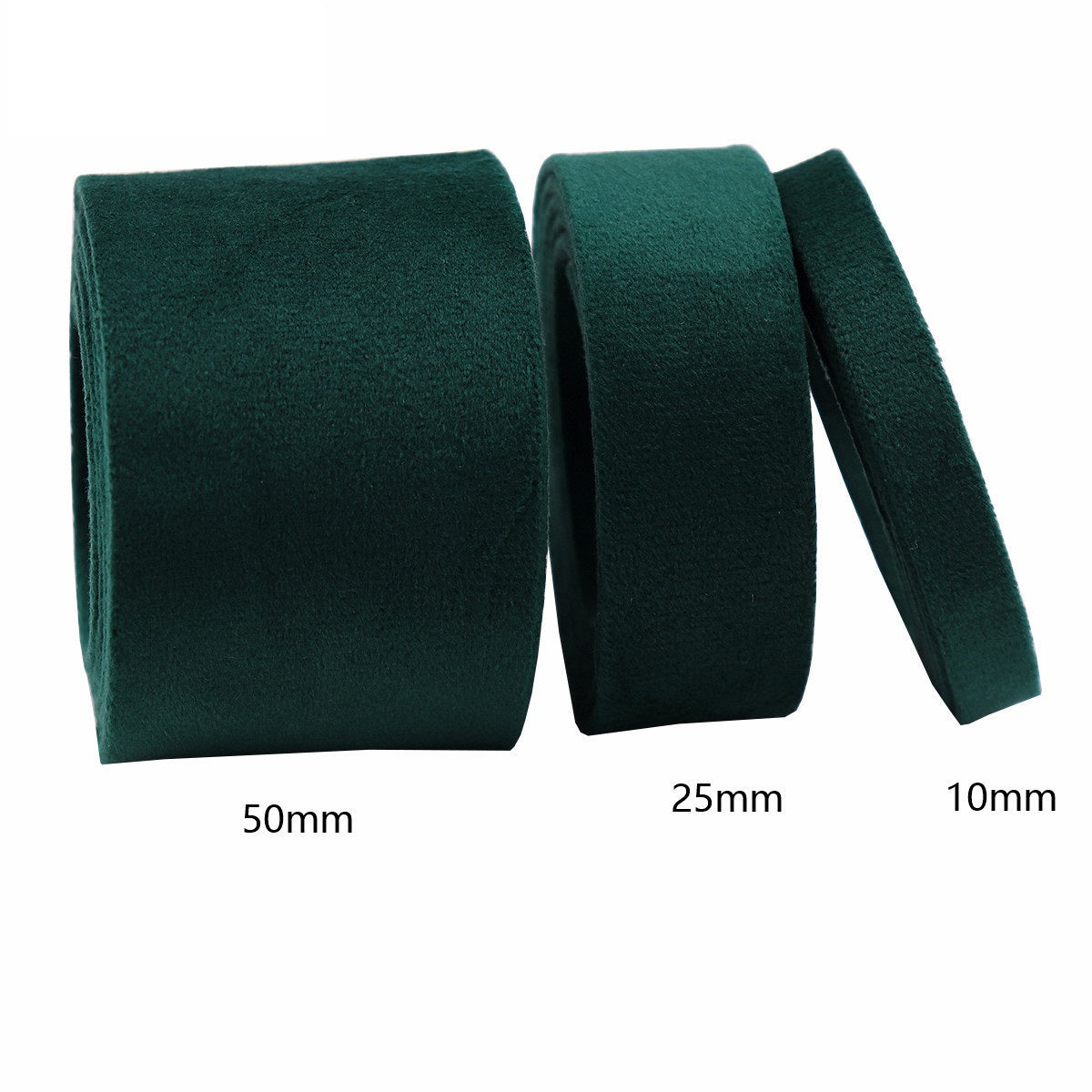 Dark green velvet bias tape ribbon, widths 50mm, 25mm, and 10mm strip