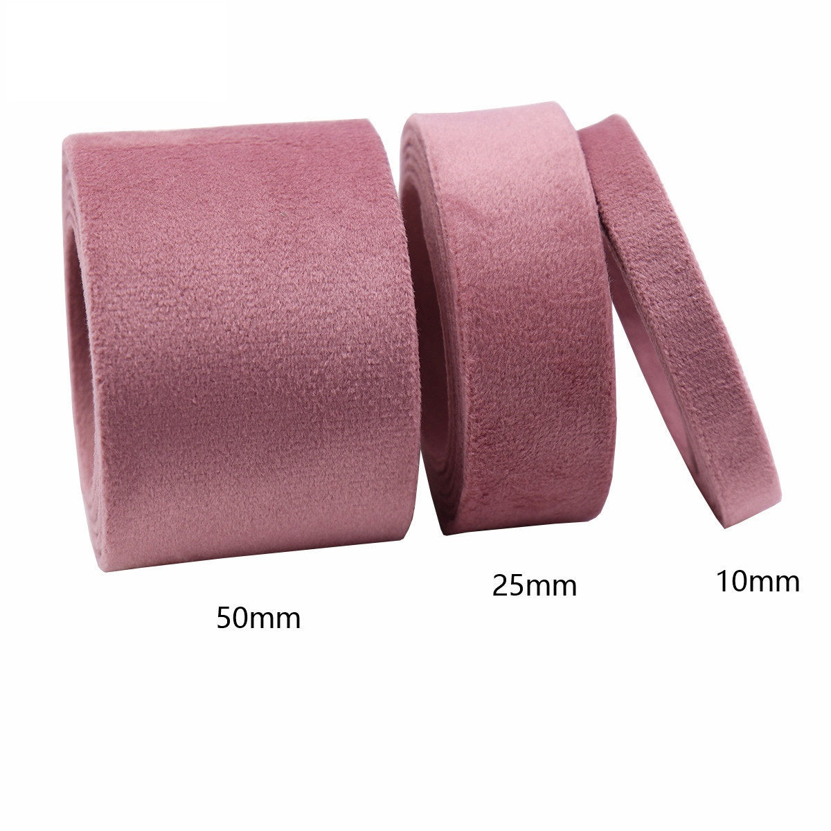 Dusty pink velvet bias tape ribbon, widths 50mm, 25mm, and 10mm strip