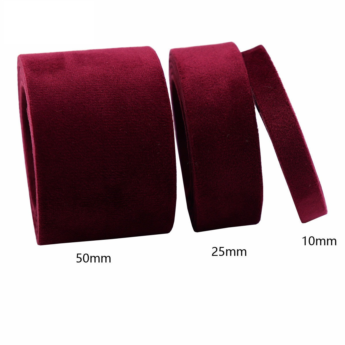 Wine/burgundy velvet bias tape ribbon, widths 50mm, 25mm, and 10mm strip