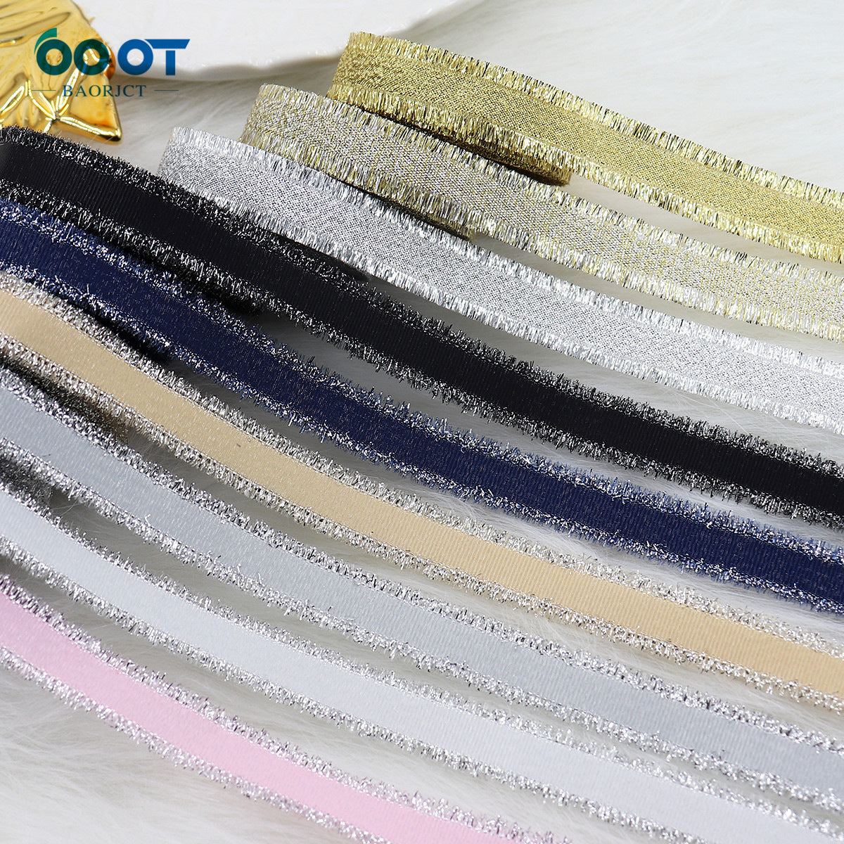 Metallic ribbed ribbon set in dark blue and gold/silver tones, assorted widths