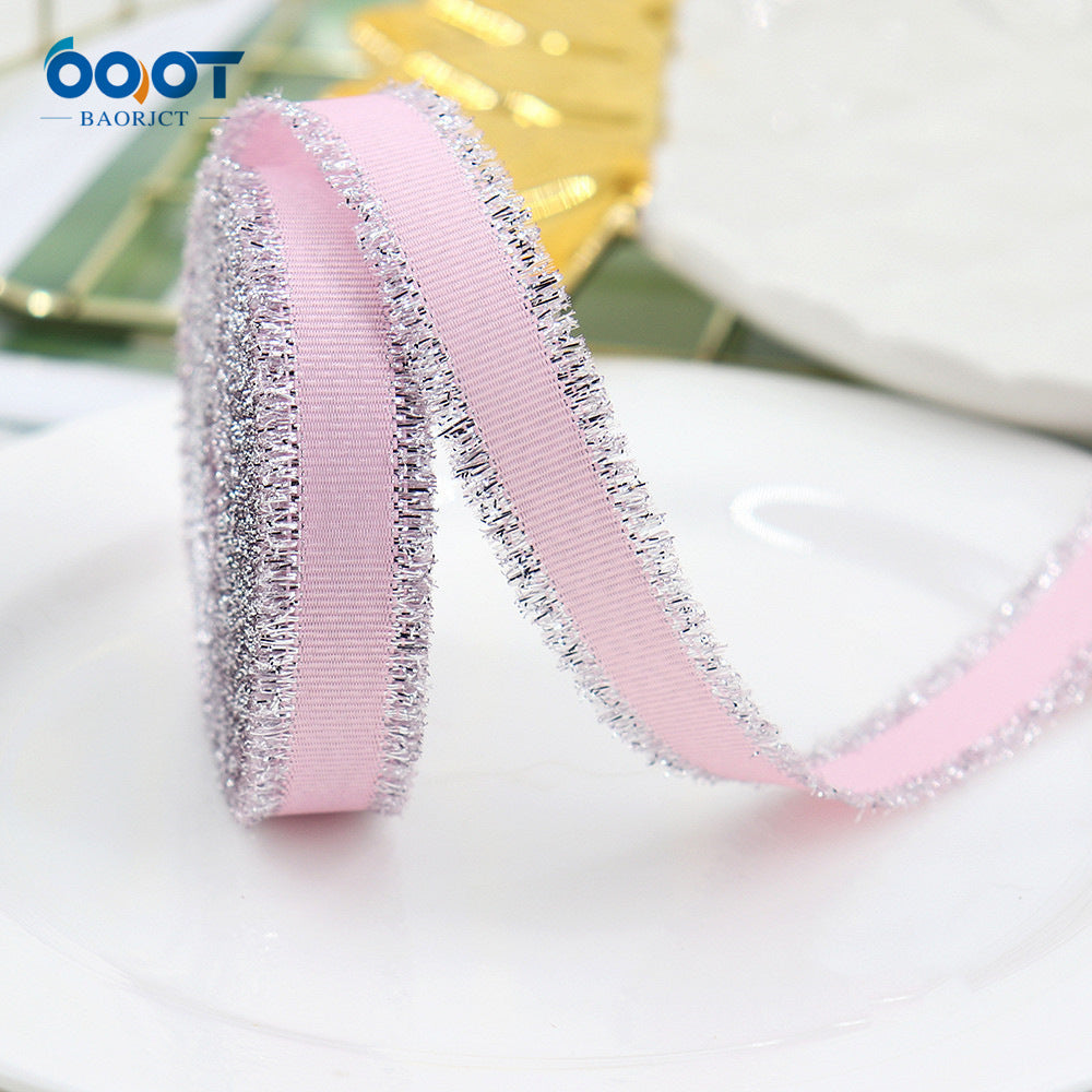Ribbed metallic ribbon, pale pink with silver glitter edge, medium width