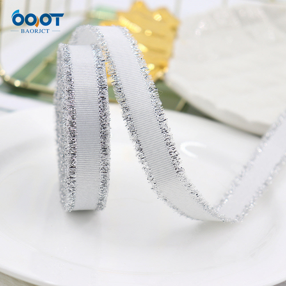 Ribbed metallic ribbon, white/silver ribbon with glitter edge, medium width