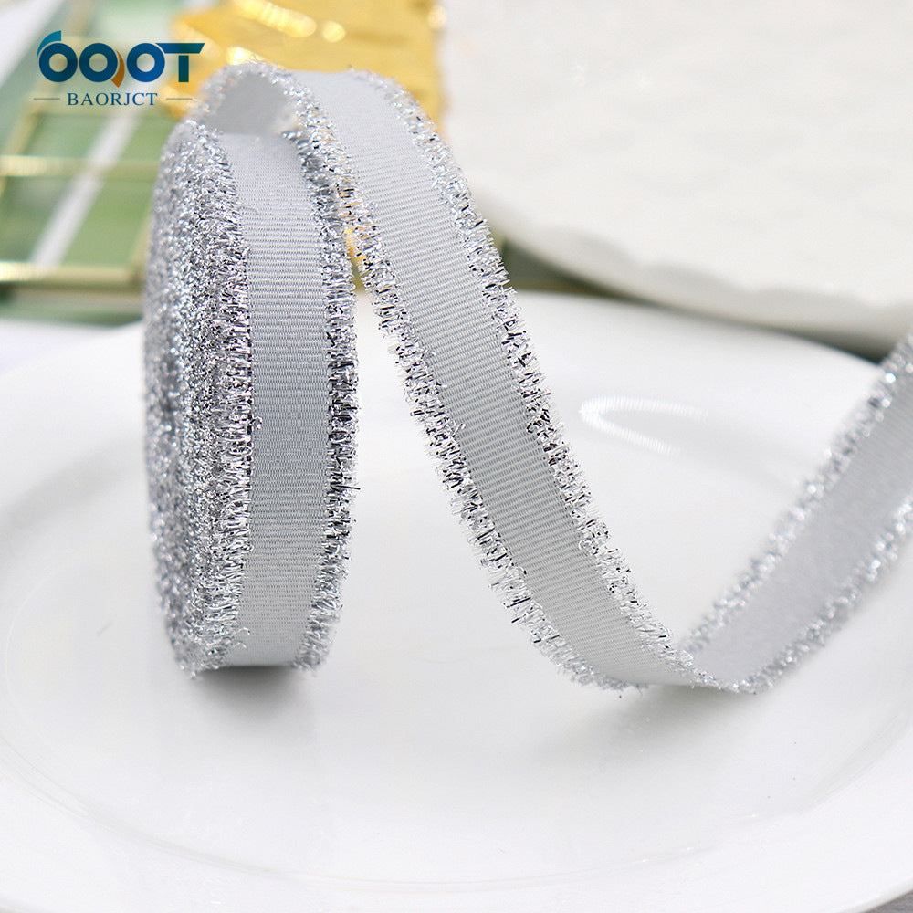 Ribbed metallic ribbon, silver roll with glitter edge, narrow width