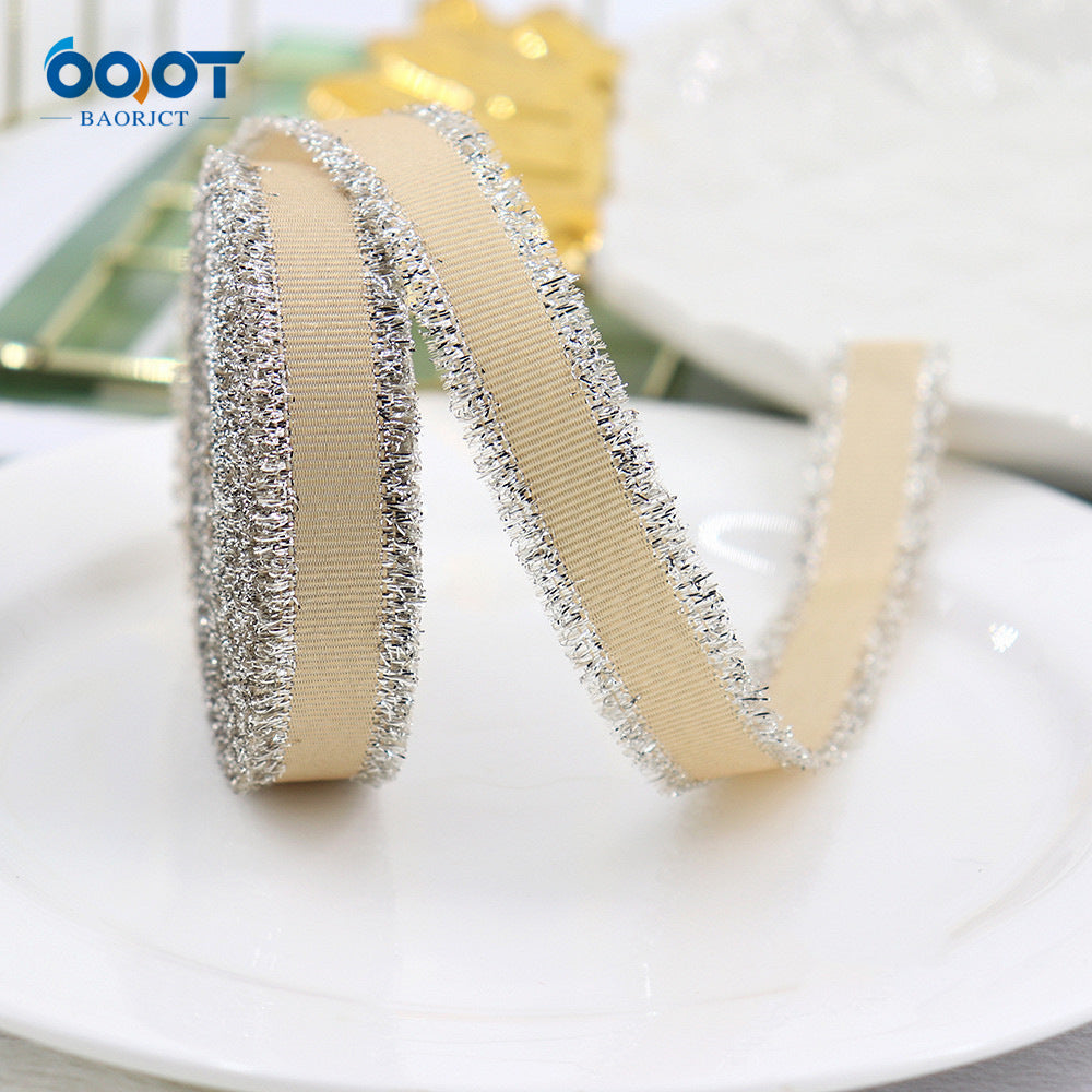 Ribbed metallic ribbon, silver and gold stripes, narrow roll