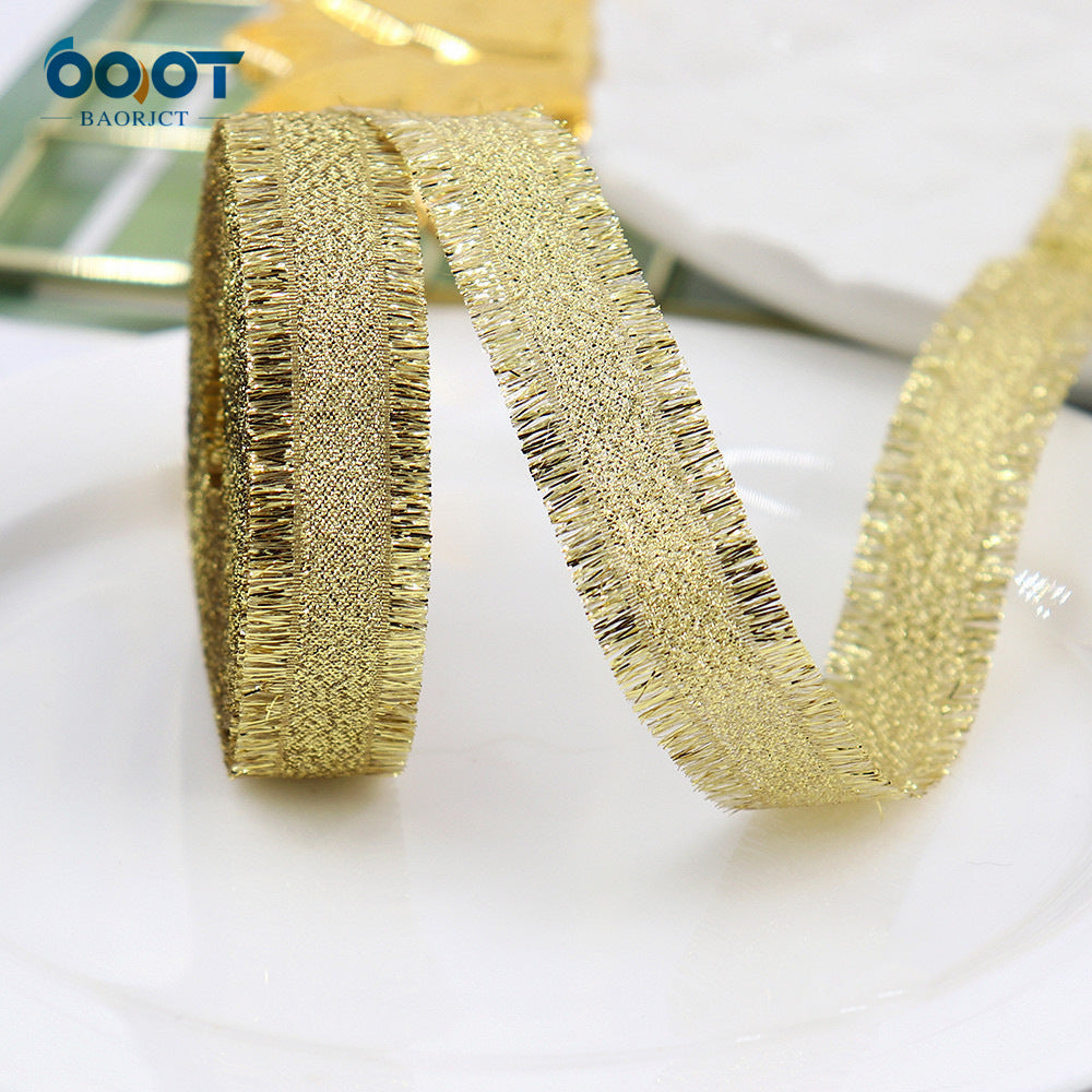 Ribbed metallic ribbon, gold roll with fine sparkly texture