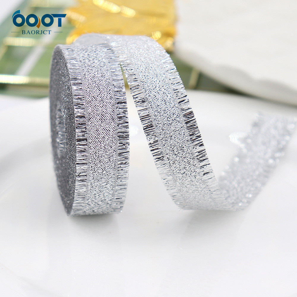 Ribbed metallic ribbon, silver roll with sparkly thread texture