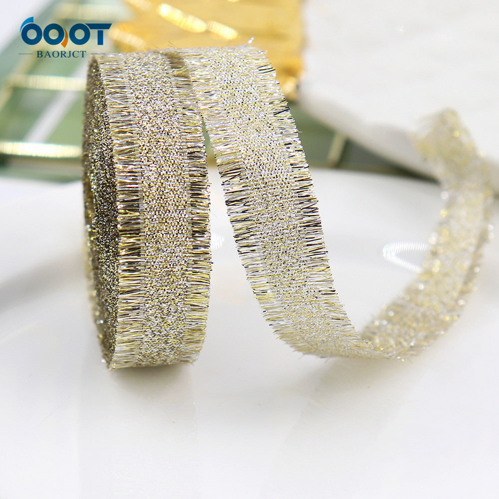 Ribbed metallic ribbon, gold and silver glitter finish, medium roll