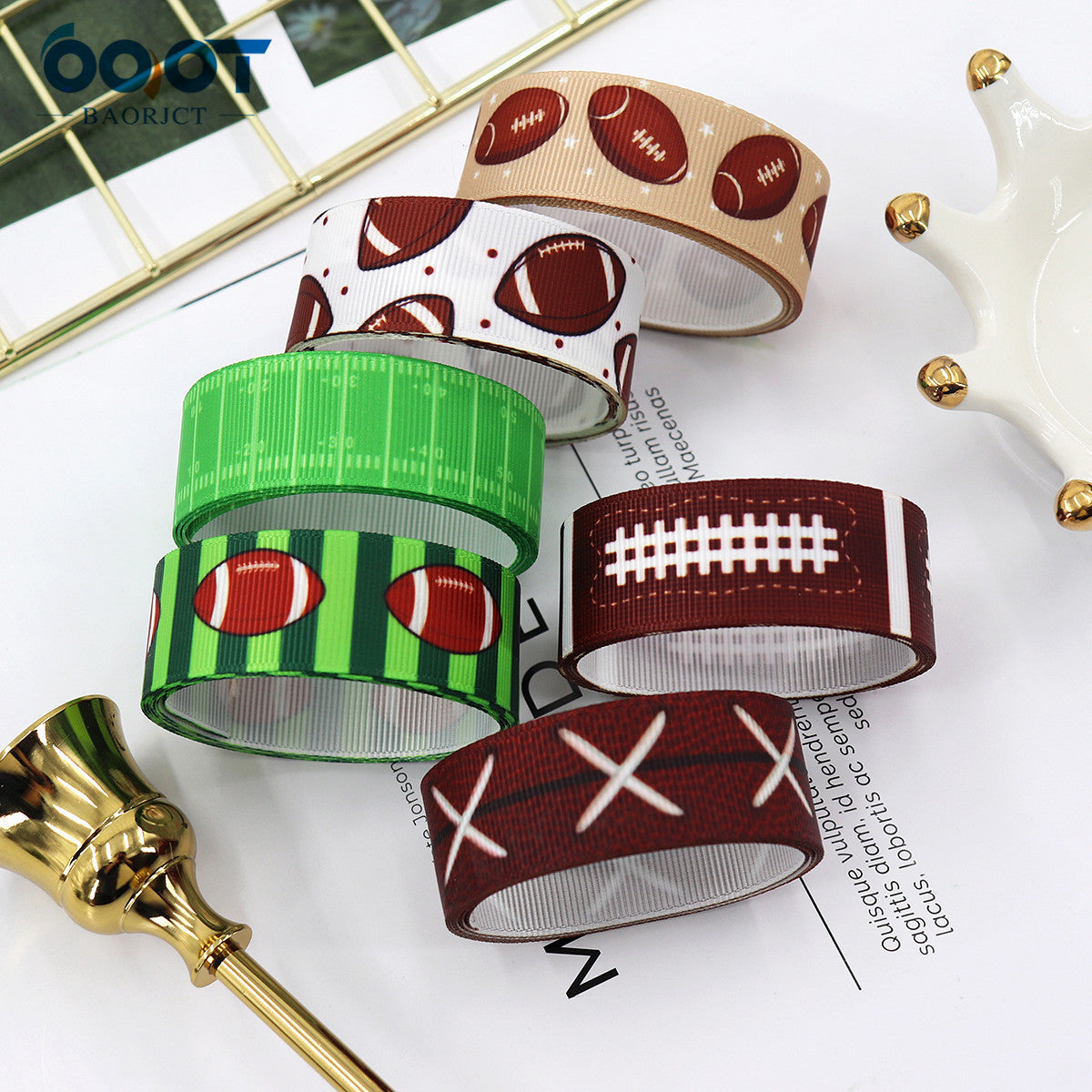 22 mm green-and-brown football ribbon webbing, 6-pack patterns in multiple colors