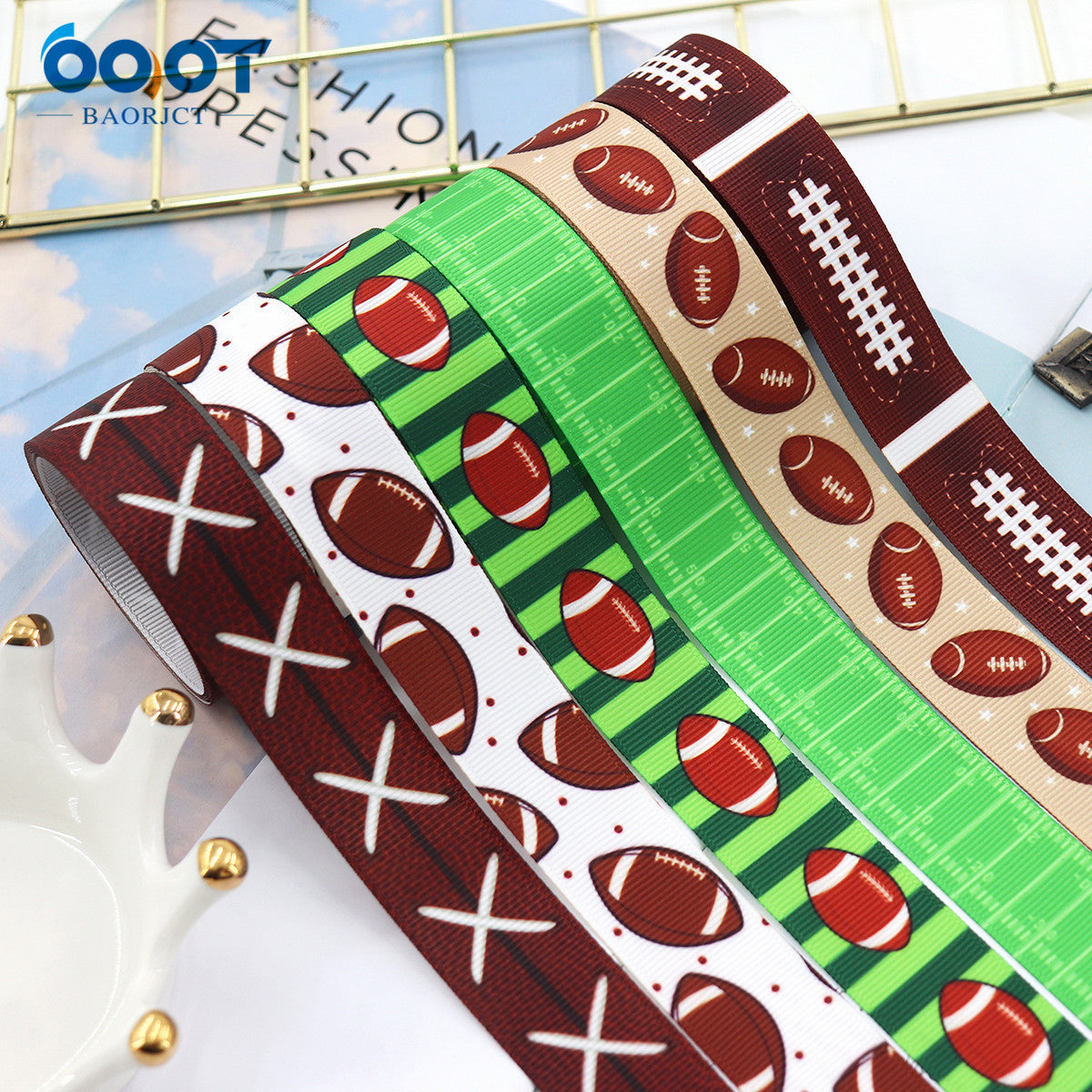 22 mm football ribbon webbing set: green stripe with footballs, plus dark brown accents