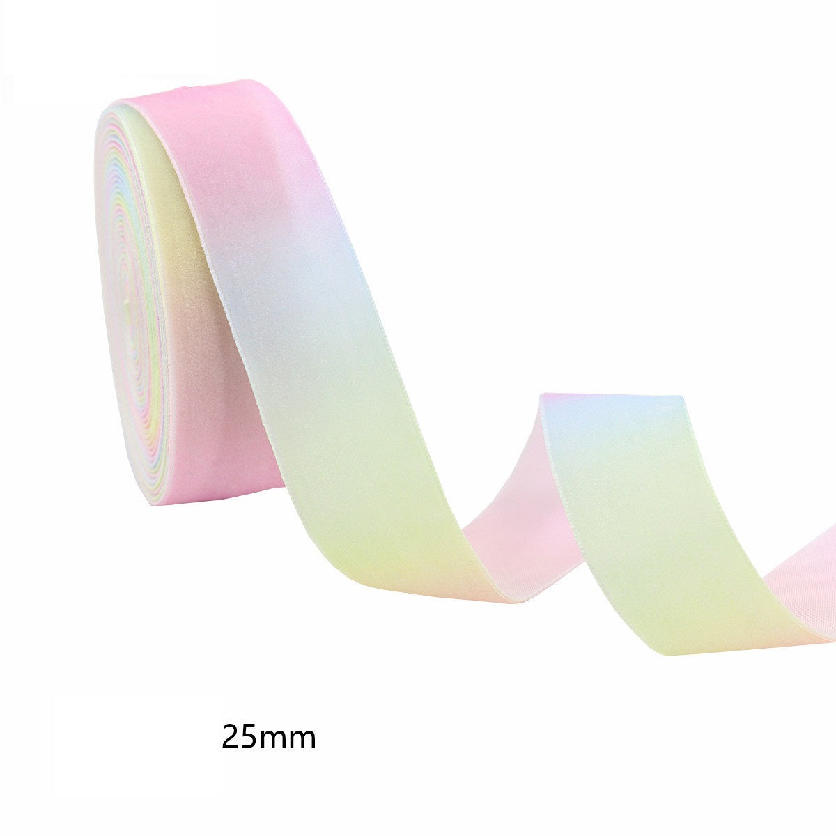 Candy-Gradient Veloursband 25mm, pastellfarbener Verlauf, abgerollt