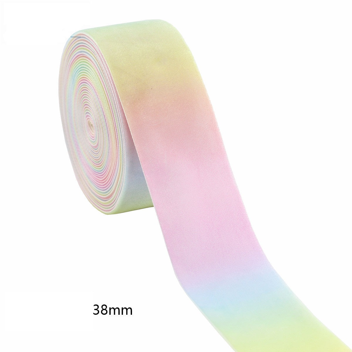 Candy-Gradient Veloursband 38mm, zarter Pastell-Gradient, abgerollt von der Rolle