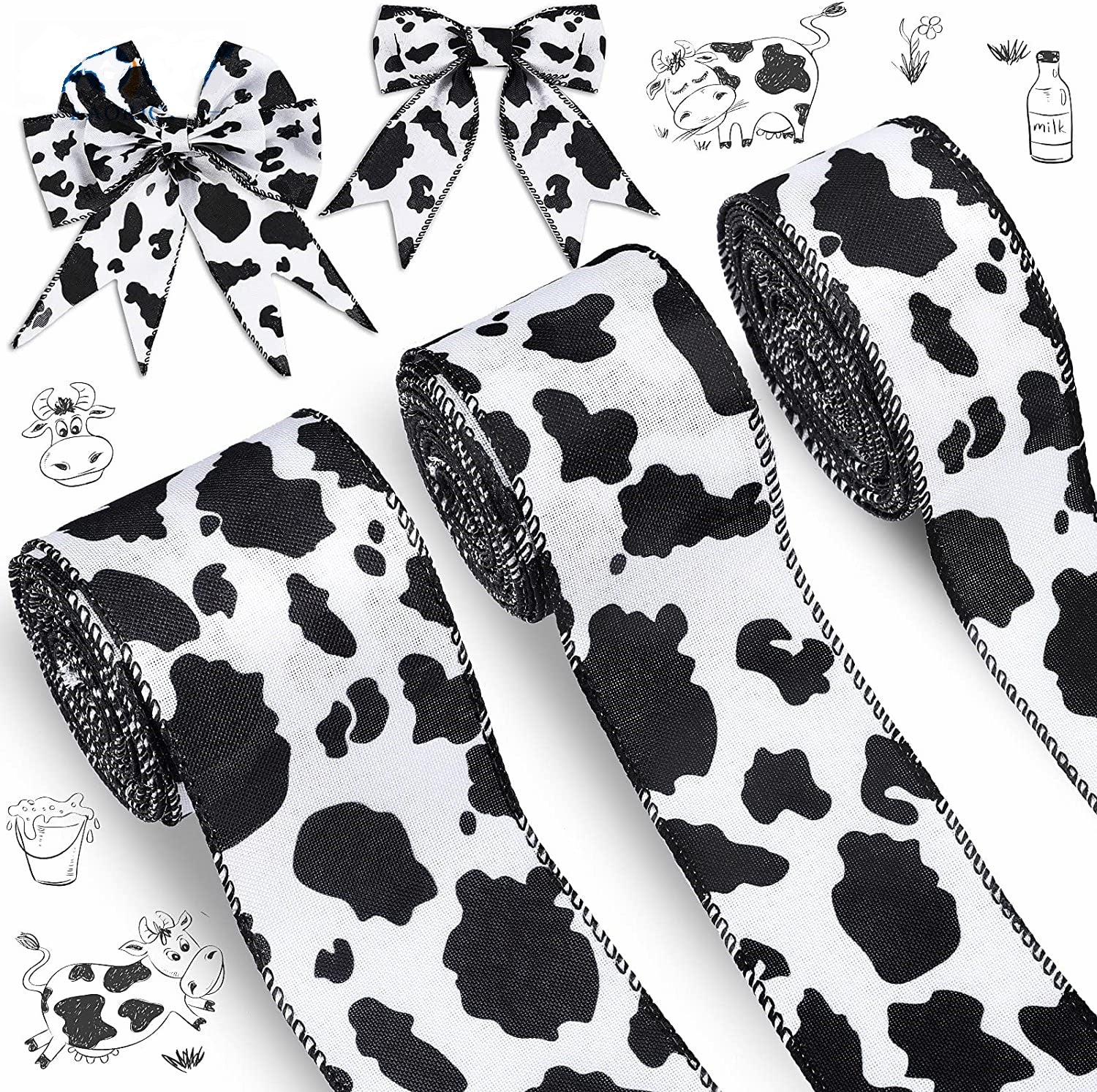 Cow print wired ribbon rolls with stitched edge, multiple lengths for bows and trims