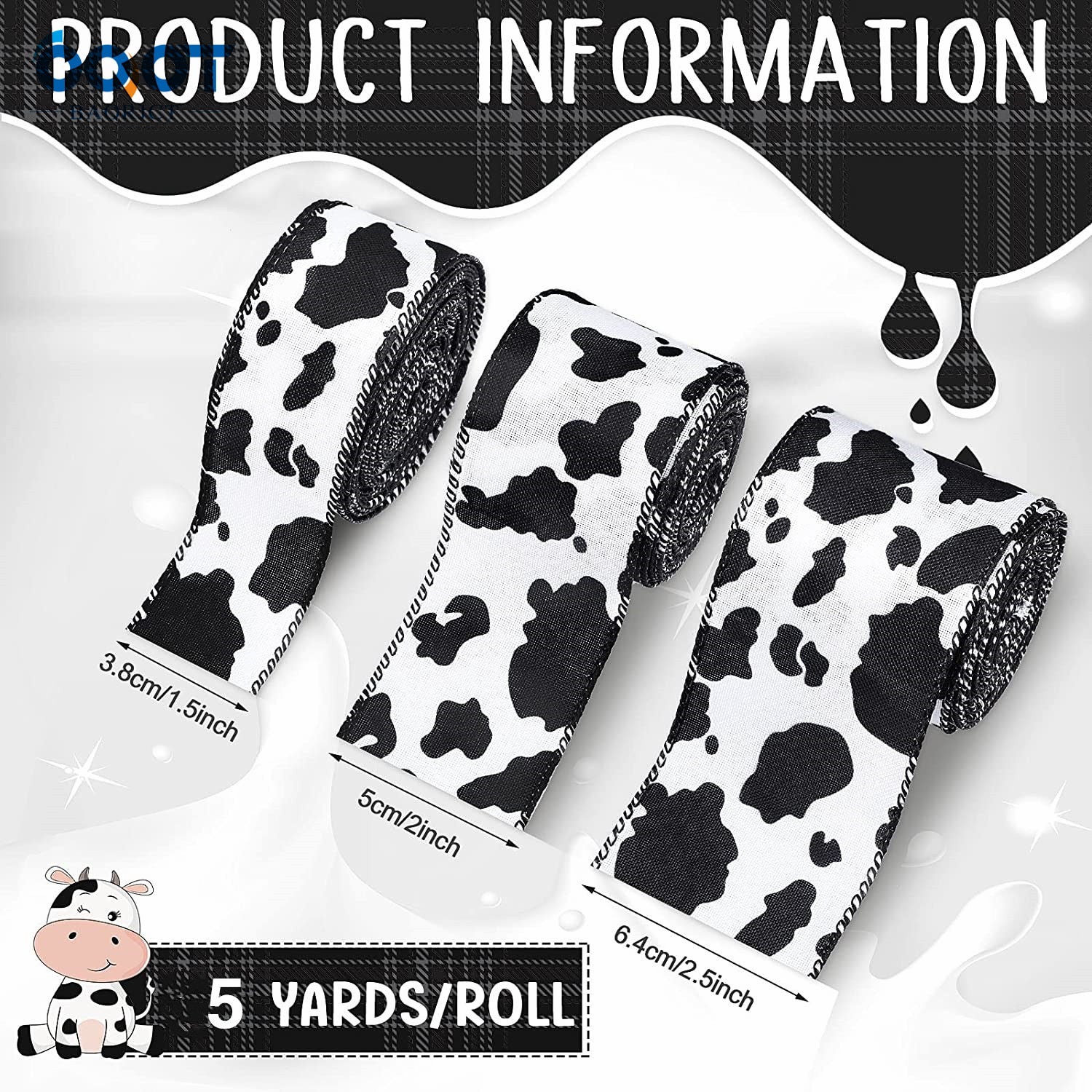 Cow print wired edge hem tape roll with width labels 3.8cm, 5cm, 6.4cm