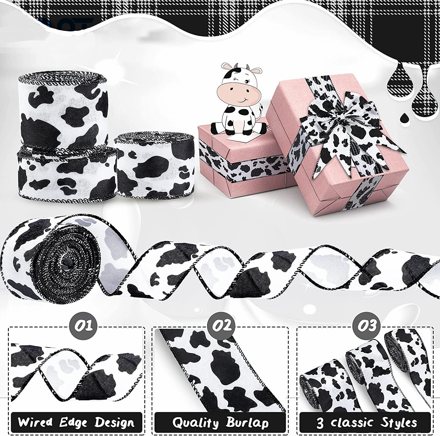Cow print burlap-style wired edge ribbon, shown in spools and loops for crafting