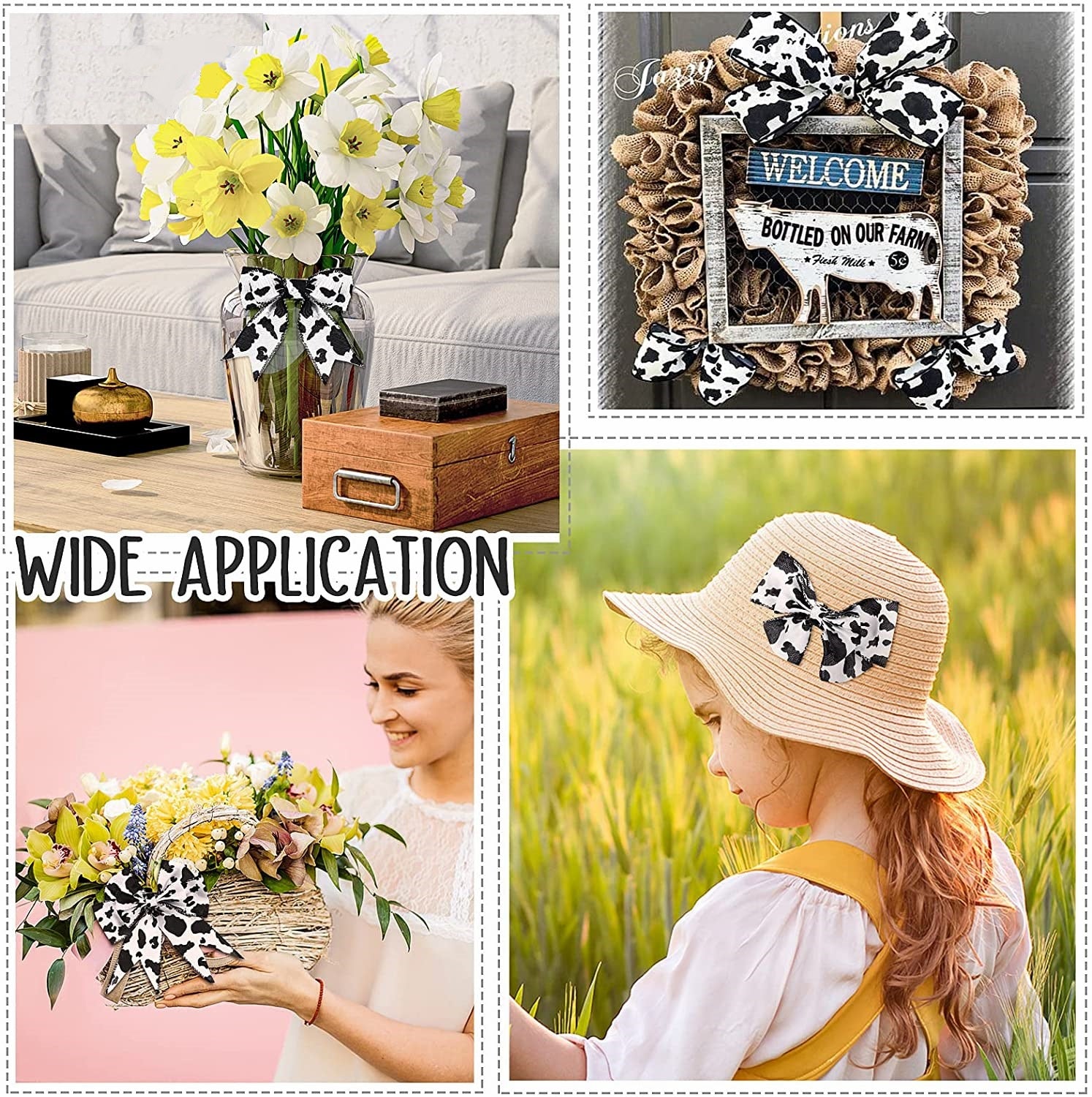 Cow print ribbon for wide application, shown in bows and decorative ribbon pieces