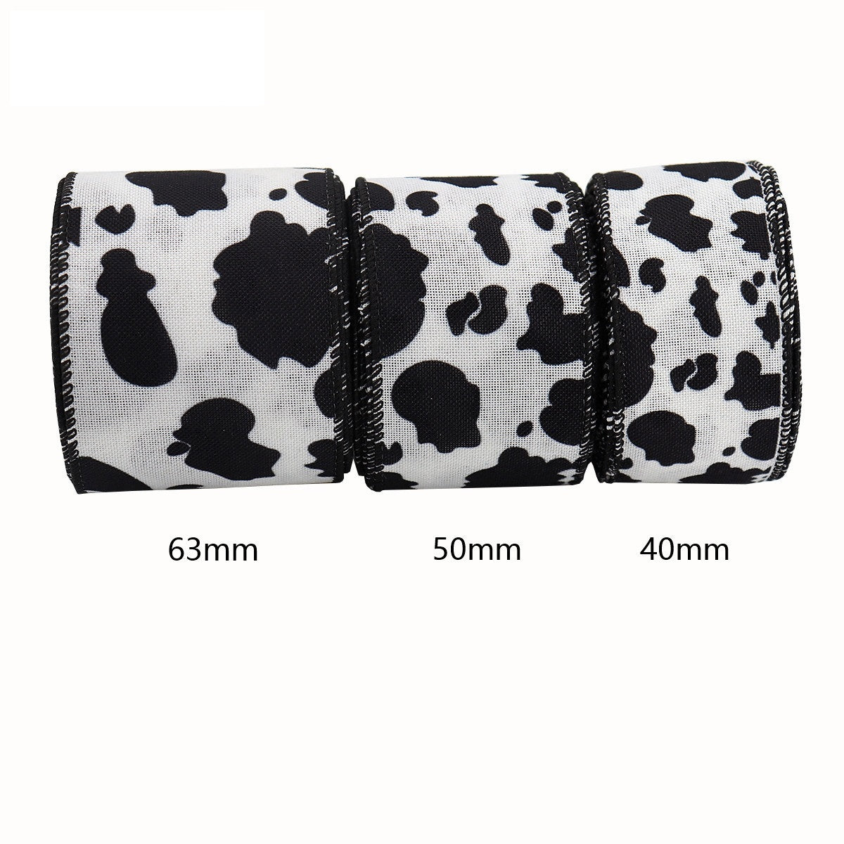 Black-and-white cow print wired hem tape, 63mm/50mm/40mm widths, ribbon roll set