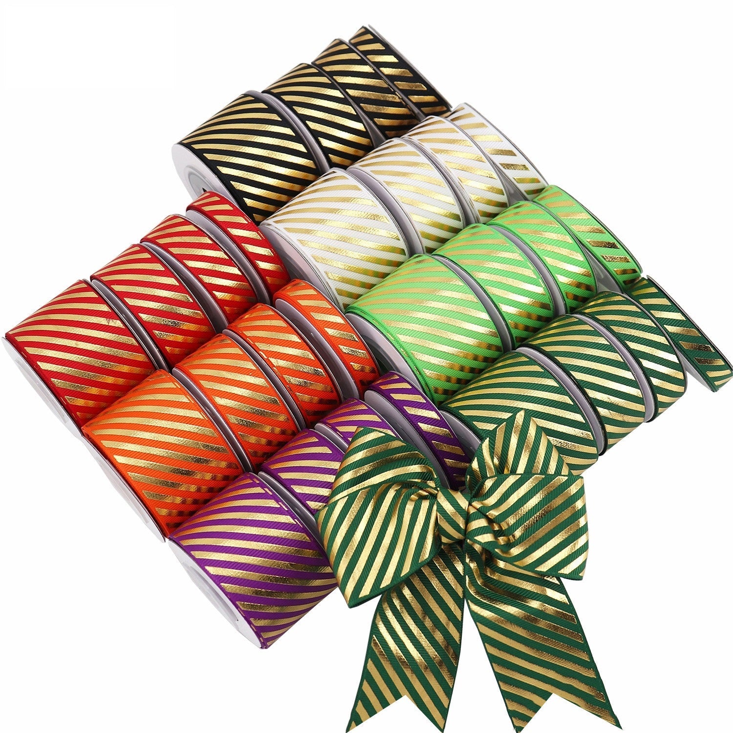 4x grosgrain ribbons with diagonal gold stripes: black, green, purple, red-orange
