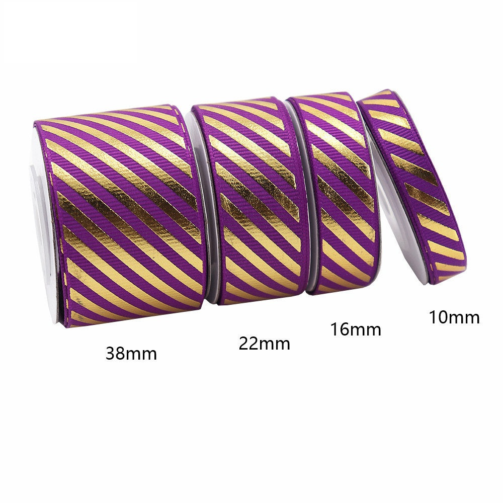 Purple-and-gold diagonal stripe grosgrain ribbon with foil accent, widths 10/16/22/38mm