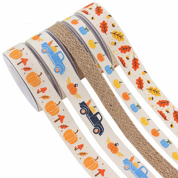 Harvest ribbon 5-pack: cream pumpkin/tractor/fall leaves prints with burlap weave