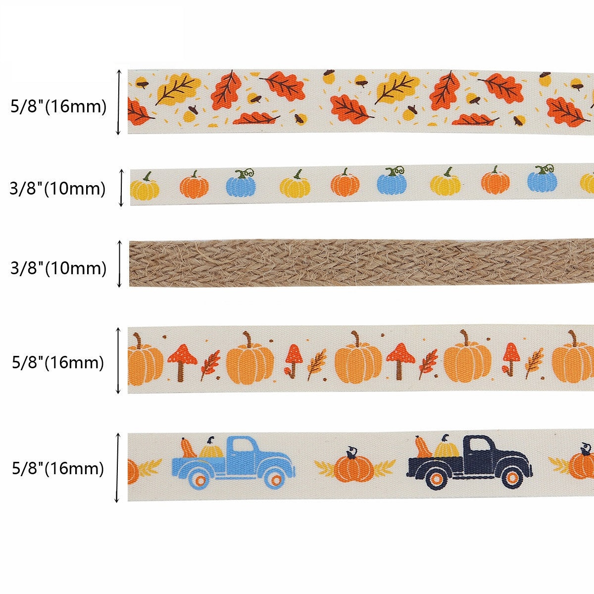 Ribbon widths: 16mm cream pumpkin/leaf and 10mm burlap; truck and pumpkin prints