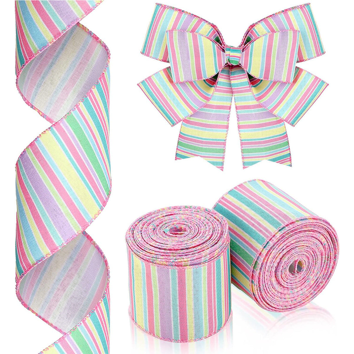 Pastel striped wired-edge ribbon rolls: pink, blue, green, lavender stripes