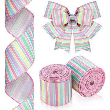 Pastel striped wired-edge ribbon rolls: pink, blue, green, lavender stripes