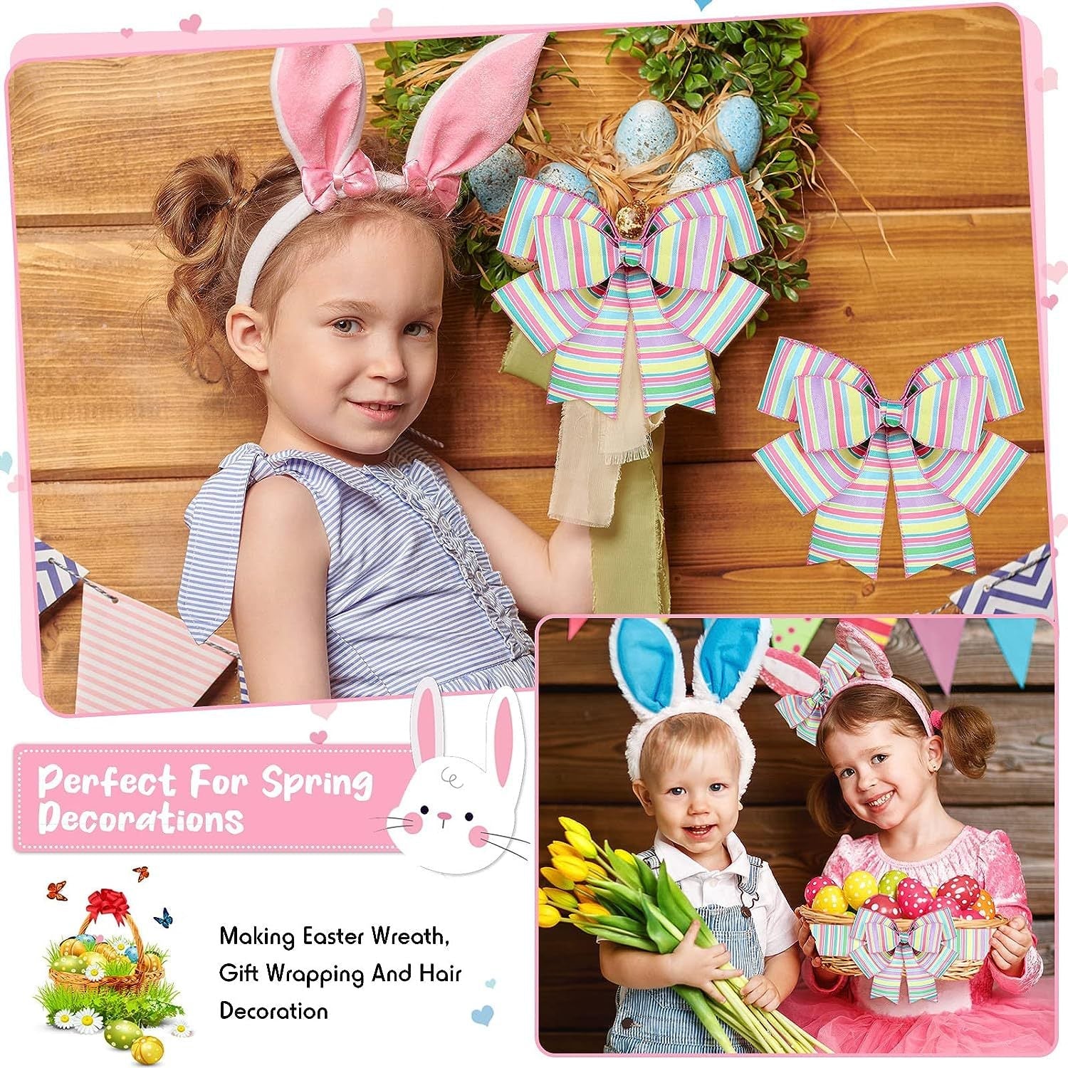 Pastel striped wired-edge ribbon bows for spring and Easter decorations