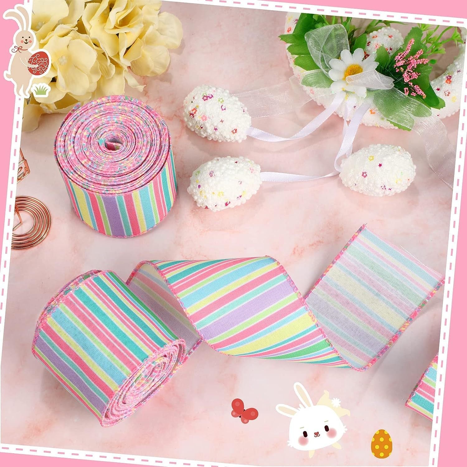 Pastel striped wired-edge ribbon rolls and ribbon strips with curled bow loops