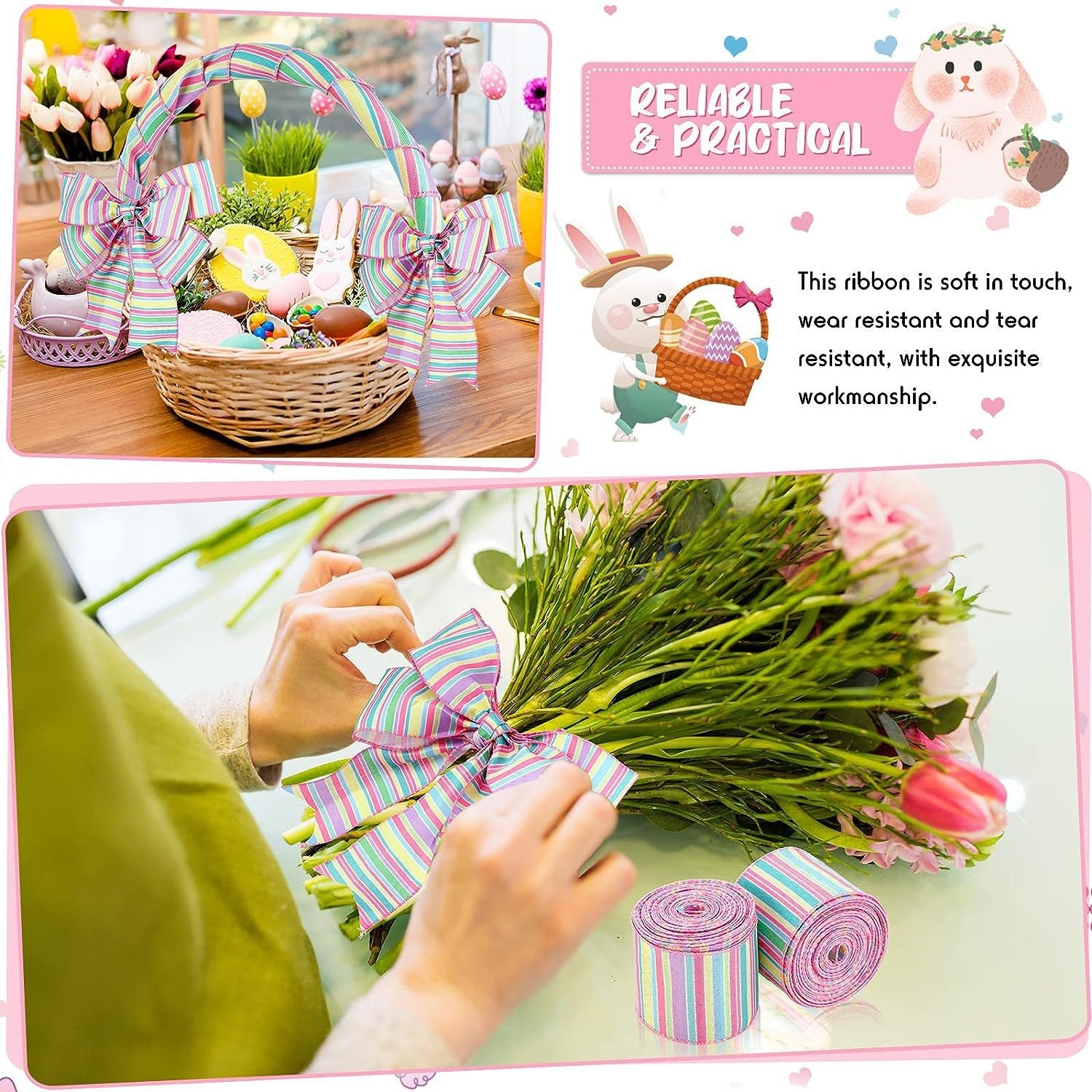 Pastel striped wired-edge ribbon bows with two coiled ribbon rolls