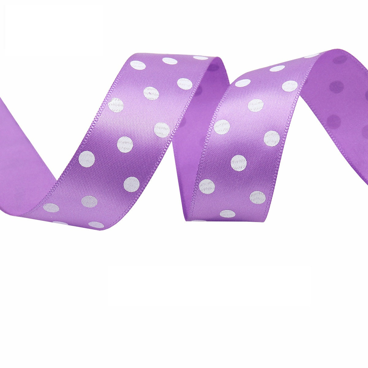 25mm polka dot double-sided satin ribbon in lavender with white polka dots