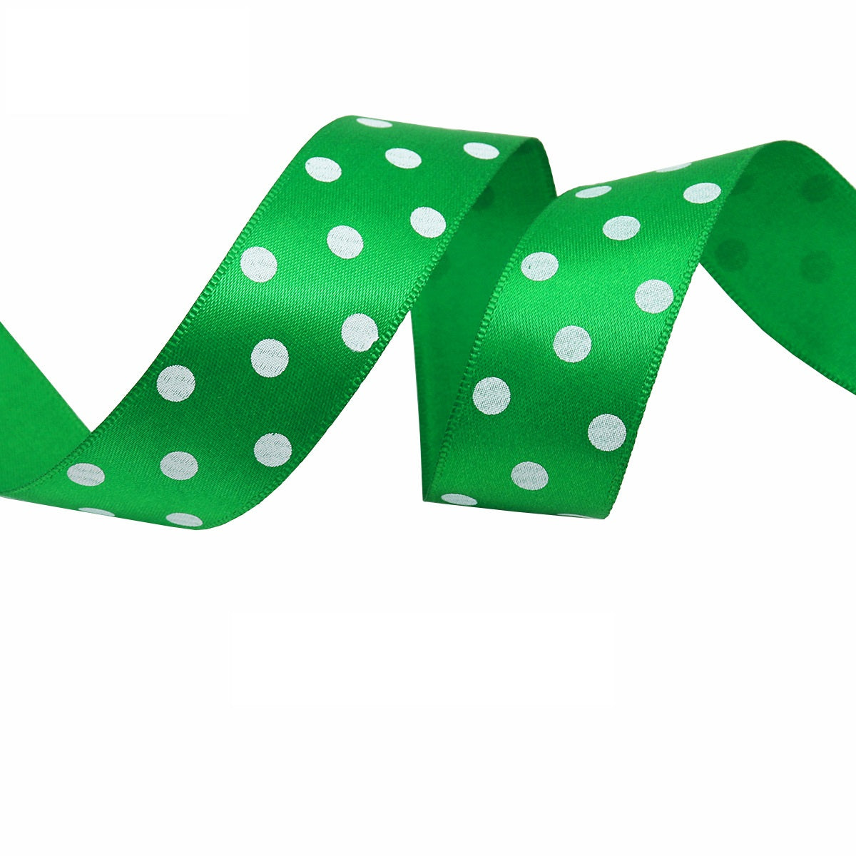 25mm polka dot double-sided satin ribbon in green with white dots
