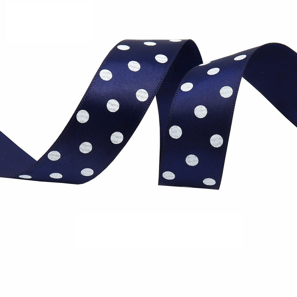 25mm polka dot double-sided satin ribbon in dark navy with white dots
