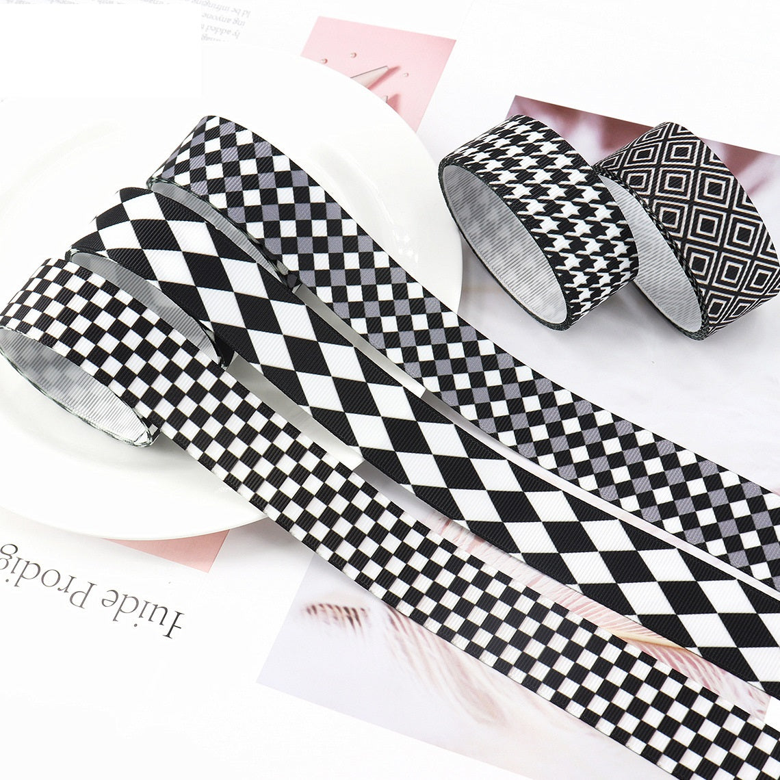 Black-and-white 25mm heat-transfer ribbon, set of 5; checker and houndstooth patterns shown.