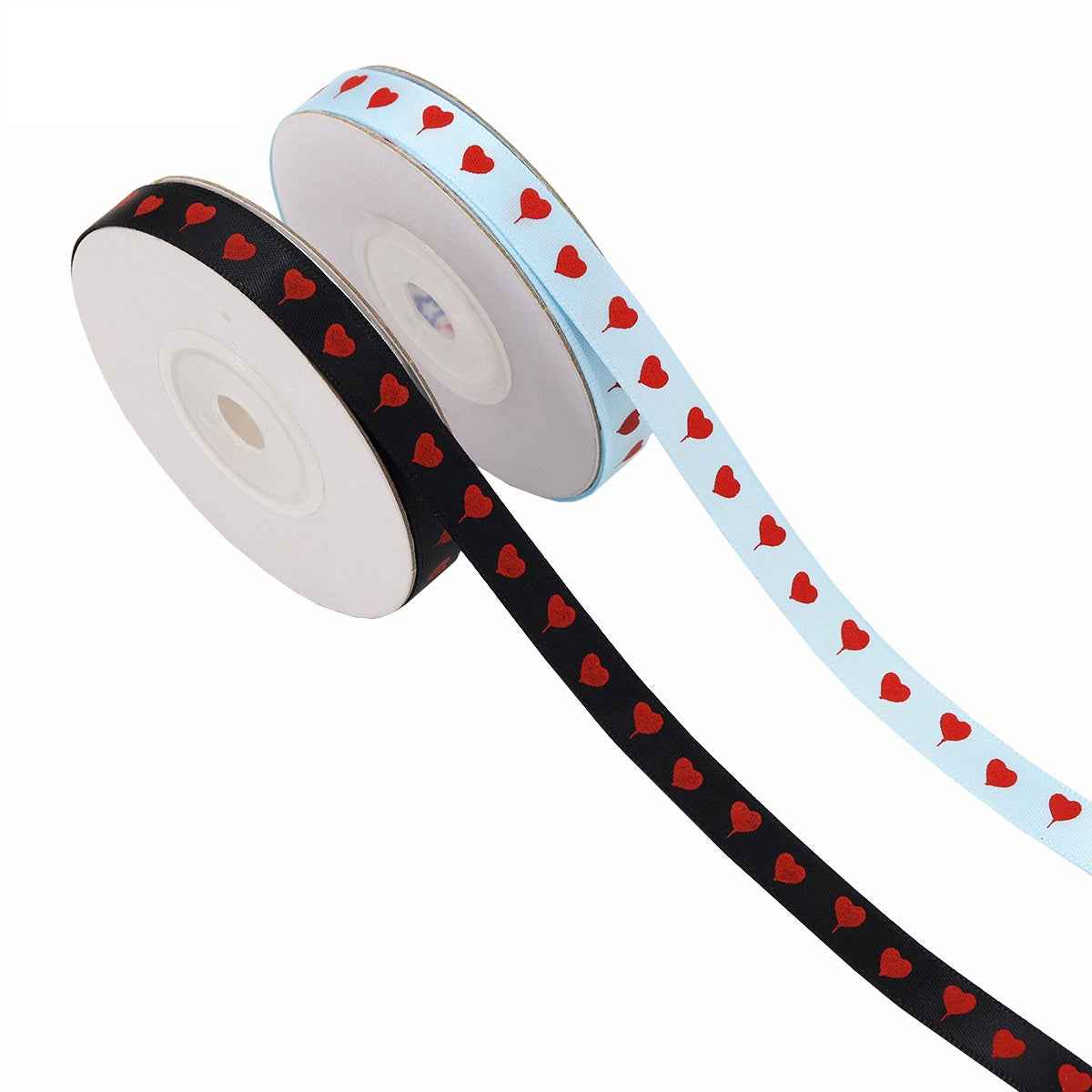Rolled love ribbons: black and light-blue spools with red hearts, 10mm width