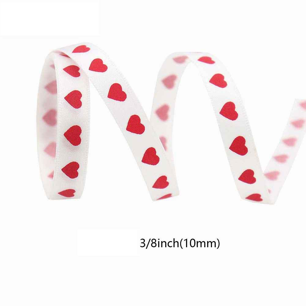 White love ribbon with red hearts, 10mm (3/8 in) width