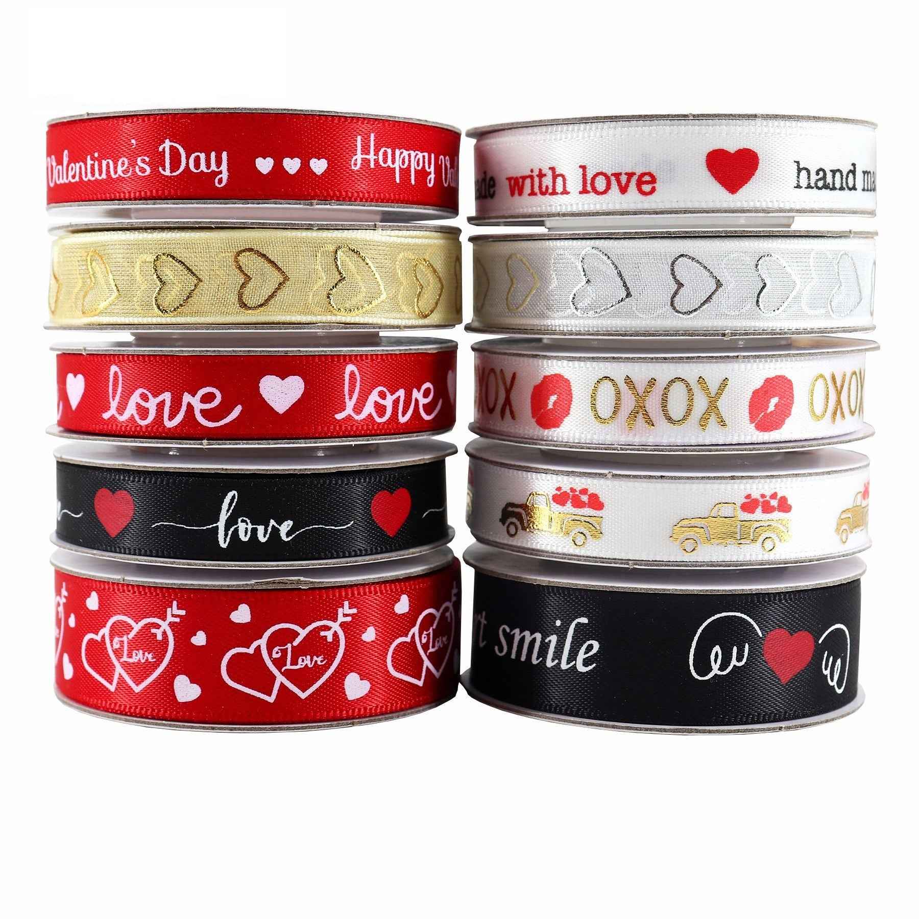 Valentinstags-Love-Ribbon 10er-Pack, rote, schwarze, weiße und goldene Bänder mit Herz-Text