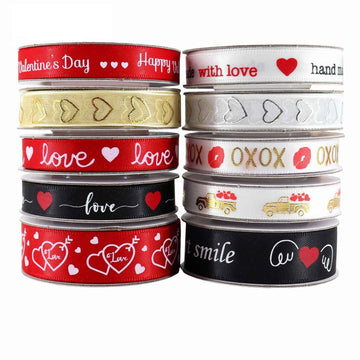 Valentinstags-Love-Ribbon 10er-Pack, rote, schwarze, weiße und goldene Bänder mit Herz-Text