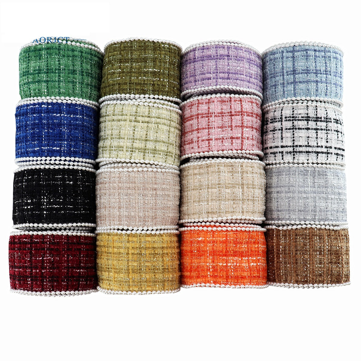 Assorted 38mm checkered flannel ribbon spools with white bead trim, mixed colors