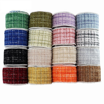 Assorted 38mm checkered flannel ribbon spools with white bead trim, mixed colors