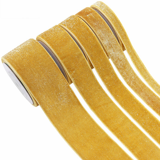 Gold yellow velvet ribbon rolls with silver edge, multiple widths in set