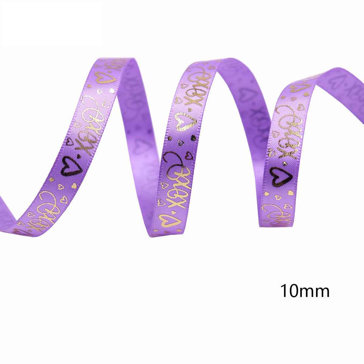 10mm purple ribbon with gold hearts and XOXO lettering