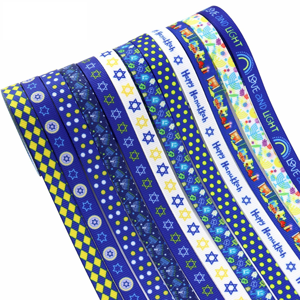 Hanukkah 10mm ribbon roll, blue patterns with David stars, menorah and dreidel