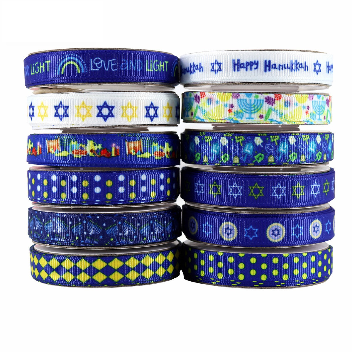12 pack of 10mm Hanukkah ribbon spools stacked, blue dots and David star prints