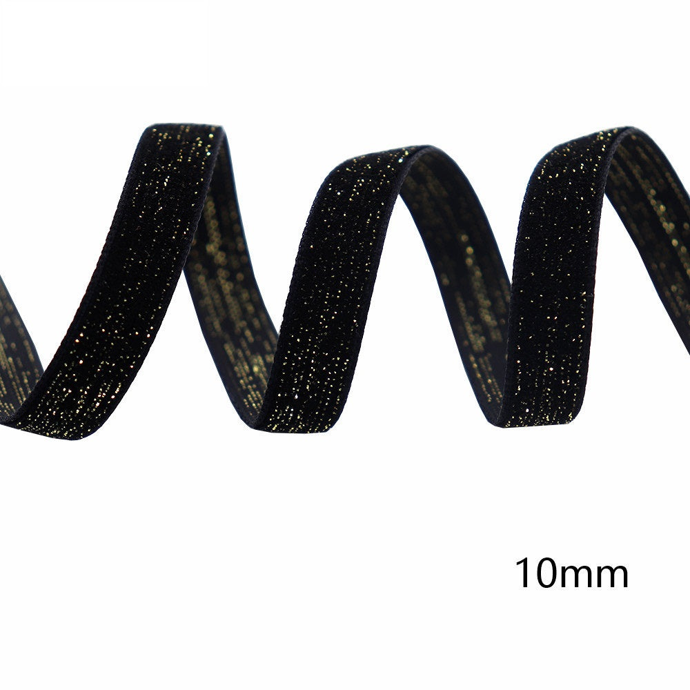 Black velvet ribbon with gold edge, 10mm width