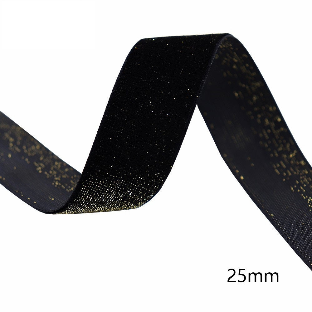 Black velvet ribbon with gold edge, 25mm width